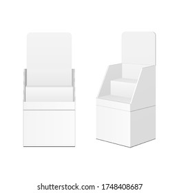 Mockup Cardboard Retail Shelves Floor Display Rack For Supermarket Blank Empty. Mock Up. 3D On White Background Isolated. 