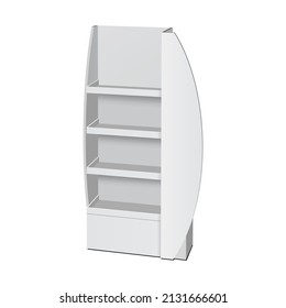 Mockup Cardboard Retail Shelves Floor Display Rack For Supermarket Blank Empty. Mock Up. 3D On White Background Isolated. Ready For Your Design. Product Advertising. Vector EPS10