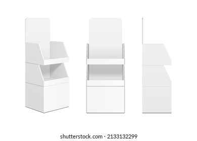 Mockup Cardboard Retail Shelves Floor Display Rack For Supermarket Blank Empty. Mock Up. 3D On White Background Isolated. 