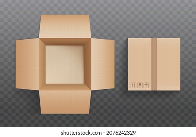 Mockup of carton delivery and packaging boxes isolated on transparent background. Realistic vector illustration.