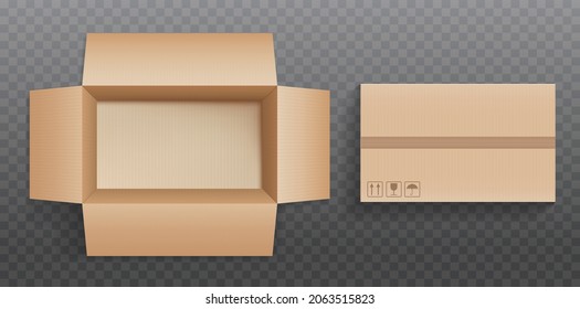 Se mezcla la entrega de cartón y el embalaje de caja larga con sombra aislada sobre fondo transparente. Vector realista.