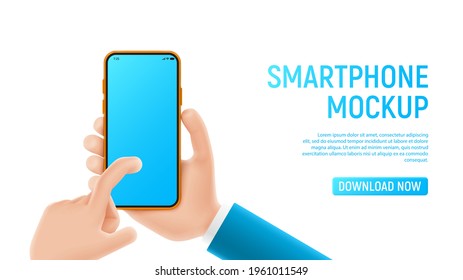 Mockup with cartoon hand and smartphone. Template of smart phone with blank display in cartoon hands isolated on white background. Vector illustration mobile device concept.