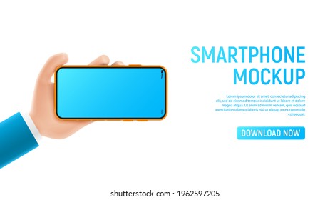 Mockup with cartoon hand and smartphone. Template of smart phone with blank display in cartoon hand isolated on white background. Vector illustration mobile device concept.