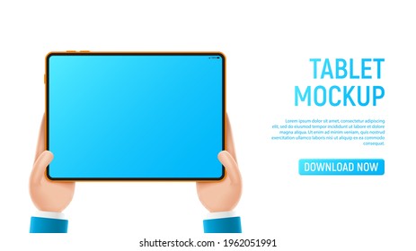 Mockup with cartoon hands and tablet. Template of smart device with blank display in cartoon hands isolated on white background. Vector illustration mobile device concept.
