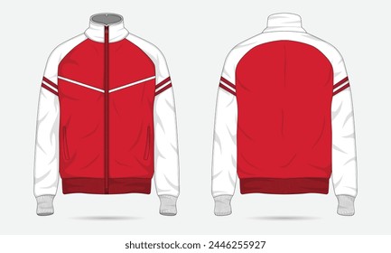 Maqueta de chaqueta deportiva casual roja y blanca, vista frontal y posterior