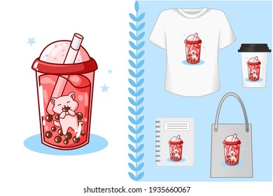Mockup, cat is eating soft drink in a red velvet-flavored drink