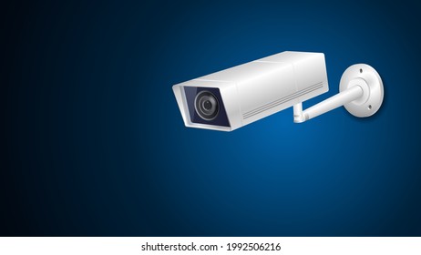 Schalten Sie die CCTV-Kamera für Sicherheit und Schutz ein. Wand montiert. Videoüberwachungssystem. Vorlage. Realistische, isolierte 3D-Vektorgrafik auf dunkelblauem Hintergrund