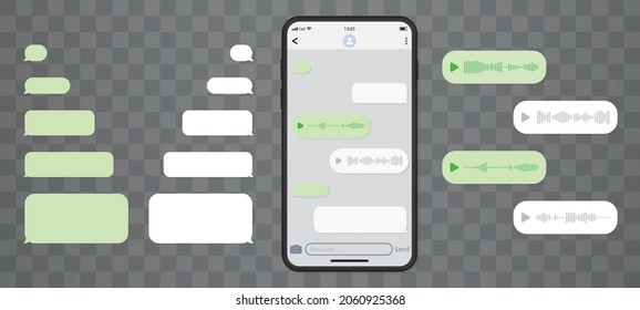 Mockup Of Chat In Mobile Phone On Transparent Background. Interface Template Of Mobile App With Text And Voice Messages On Bubble. Conversation On Smartphone Screen. Telegram Messenger. Vector