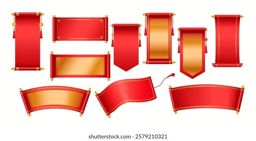 Mockup Chinese scrolls for New Year realistic color icons set. Red and golden Asian manuscripts with best wishes 3d objects bundle on white