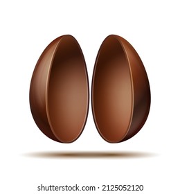 Mockup chocolate egg bisected to halves. Opened delicious egg treats. Happy Easter concept. Realistic vector illustration isolated on a white background.