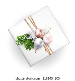 A mockup of a Christmas gift box with decoration for your pattern. Top view. Realistic illustration. Blank and white for wrapping paper. Decoration of Christmas toys.