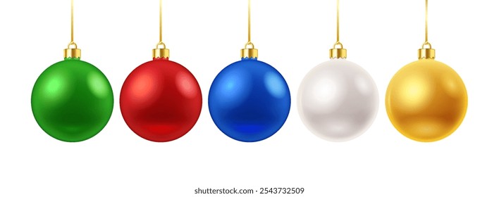 Mockup Christmas tree baubles realistic color icons set. New Year holiday colorful decor with template for design 3d objects illustrations on white