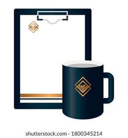 portapapeles de mockup y negro de taza con signo dorado, diseño de ilustración de vector de identidad corporativa