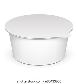 Mockup Closed Cup Tub Food Plastic Container For Dessert, Yogurt, Ice Cream, Sour cream Or Snack. Illustration Isolated On White Background. Mock Up Template Ready For Your Design. Vector EPS10