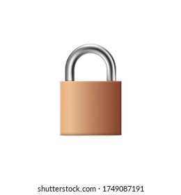 Mock up of close quadratisch Messing Padlock, 3d realistische Vektorgrafik einzeln auf weißem Hintergrund. Sicherheits-Türschloss-Symbol für Websites und mobile Anwendungen.