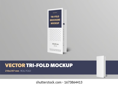 Mockup of a closed standing realistic trifold, front view, standard size vector booklet. Brochure template for design presentation and print colection with shadows and pattern.