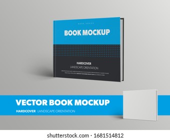 Mockup of a closed vector book standing on its side, in blue and black hardcover, for presentation design. Template white object with realistic shadows landscape orientation isolated on background