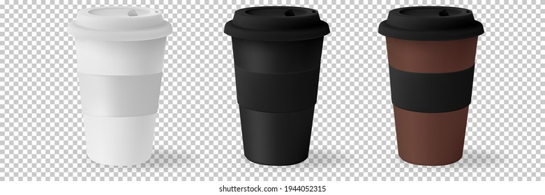 Mockup coffee cup blank. Paper mug for hot coffee with black lid isolated on white background. Packaging template mockup collection with clipping path. White blank, large, medium and small Takeaway.