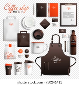 Mockup coffee shop design branding elements set on transparent background with isolated images of merchandise items vector illustration