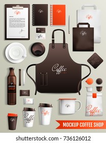 Mockup Coffee Shop Design Collection With Isolated Images Of Branded Cardboard Cups Cover Slut And Merch Vector Illustration