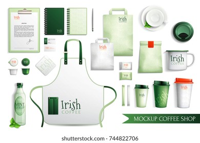 Mockup coffee shop design set of isolated elements cover slut paper bags cups and sweets vector illustration