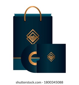 disco compacto de mockup y papel de bolsa color negro con signo dorado, identidad corporativa diseño de ilustración vectorial