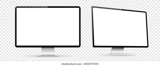 Mockup of computer monitor. Front and side view with white screen on transparent background.