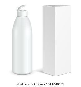 Mockup Cosmetic, Hygiene, Medical Grayscale Plastic Bottle Of Gel, Liquid Soap, Lotion, Cream, Shampoo With Box. Mock Up Ready For Your Design. Illustration Isolated On White Background. Vector EPS10 