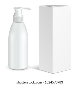Mockup Cosmetic, Hygiene, Medical Grayscale Plastic Bottle Of Gel, Liquid Soap, Lotion, Cream, Shampoo With Box. Mock Up Ready For Your Design. Illustration Isolated On White Background. Vector EPS10 