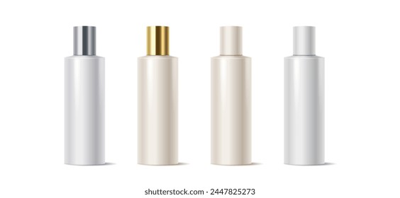 Botellas de productos cosméticos de maqueta con tapas de plástico conjunto de Ilustración vectorial realista. Paquetes de cosméticos objetos 3d sobre fondo blanco