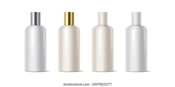 Mockup cosmetic products bottles with plastic caps realistic vector illustration set. Cosmetics packages 3d objects on white background