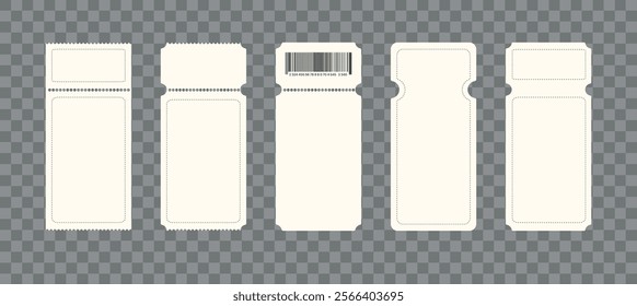 Mockup of coupon or ticket to concert and airplane with paper texture, separation point and barcode. Realistic 3d vector set of white blank vertical discount or lottery raffle voucher template.