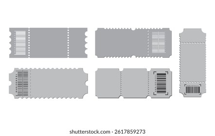 Mockup of coupon or ticket to concert and airplane with paper texture, separation point and barcode. Realistic 3d vector set of white blank vertical discount or lottery raffle voucher template.