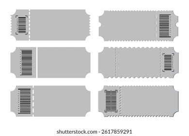 Mockup of coupon or ticket to concert and airplane with paper texture, separation point and barcode. Realistic 3d vector set of white blank vertical discount or lottery raffle voucher template.