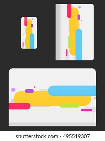 Mockup covers for technology device. Template case or sticker for mobile phone, tablet and laptop. Vector illustration for branding, advertising, business and corporate identity.