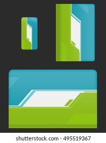 Mockup covers for technology device. Template case or sticker for mobile phone, tablet and laptop. Vector illustration for branding, advertising, business and corporate identity.
