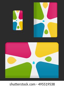 Mockup covers for technology device. Template case or sticker for mobile phone, tablet and laptop. Vector illustration for branding, advertising, business and corporate identity.