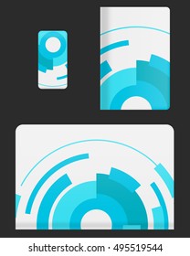 Mockup covers for technology device. Template case or sticker for mobile phone, tablet and laptop. Vector illustration for branding, advertising, business and corporate identity.