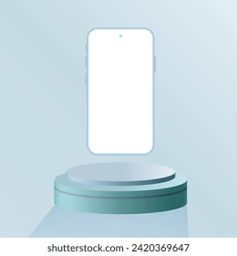 Mockup creative podium with smartphone display for product presentation in blue background, Vector. illustrations