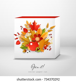A mockup of a cubic box with a paper autumn composition of leaves, fruits and flowers. The volumetric design with shadows