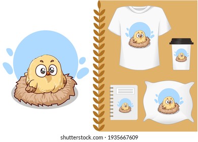 Mockup, cute baby small yelow bird illustration
