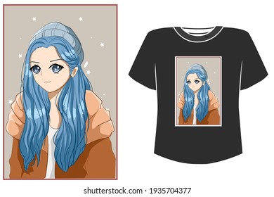 Mockup cute and beautiful girl blue hair cartoon illustration