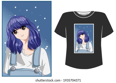 Mockup cute and beautiful girl purple hair cartoon illustration