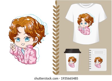 Mockup cute boy wearing jacket cartoon illustration