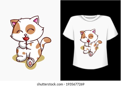 Mockup cute cat with candy cartoon illustration