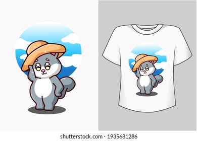 Mockup cute cat with hat cartoon illustration