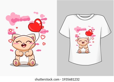 Mockup cute cat with hearts balloon cartoon illustration