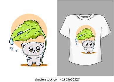 Mockup cute cat with leaf cartoon illustration