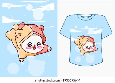 Mockup cute cat in the sky cartoon illustration