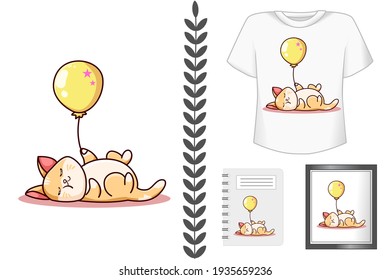 Burla, lindo gato durmiendo con globo amarillo